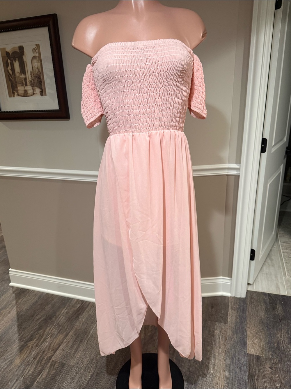 Off-Shoulder Smocked Midi Dress - Light Pink